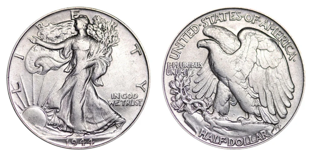 1944 Walking Liberty Half Dollar obverse showing Liberty walking left, and reverse showing spread-eagle design