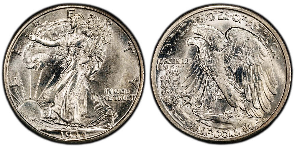 Side-by-side comparison of normal AW initials vs 1944-D FS-901 hand-engraved AW initials on the Walking Liberty half dollar reverse