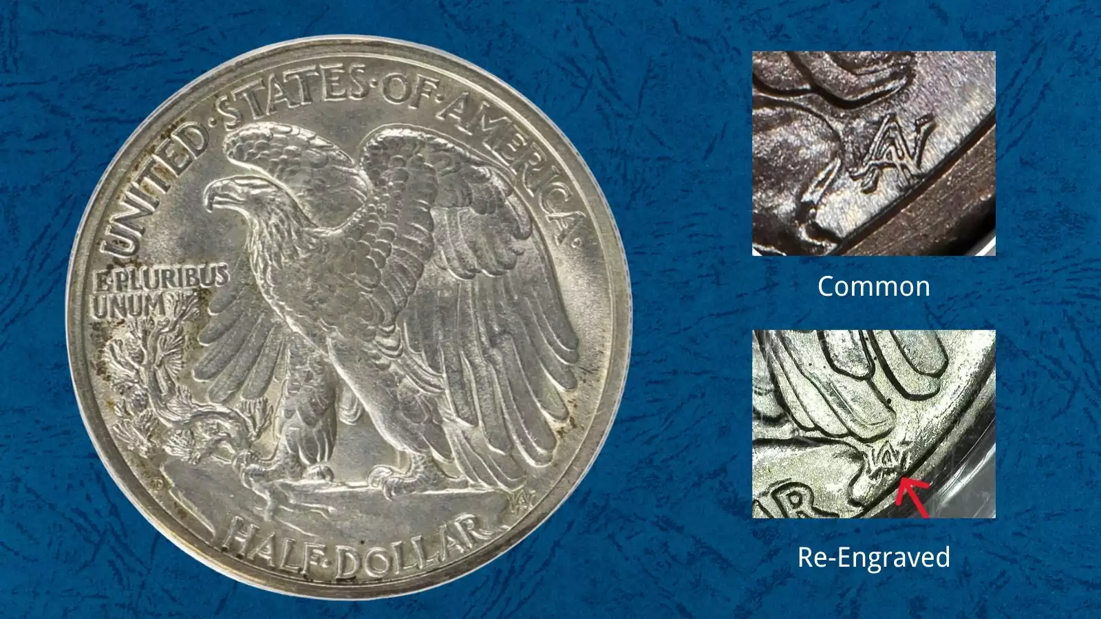 Close-up of 1944-D half dollar reverse showing the broader, hand-engraved AW initials of the FS-901 variety beneath the eagle's right wingtip