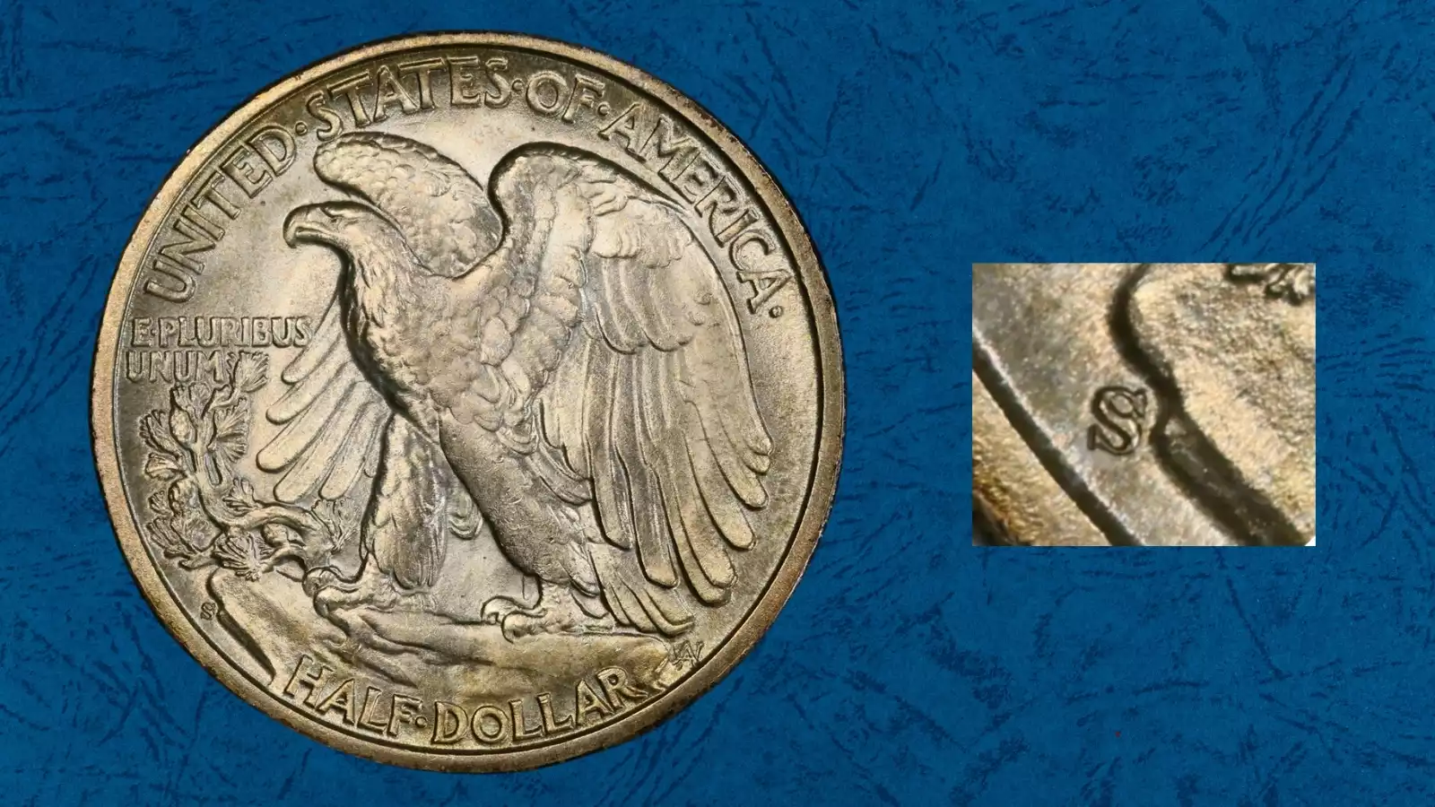 Close-up of the 1944-S Walking Liberty half dollar reverse showing the inverted S mintmark of the FS-511 variety with transposed loops