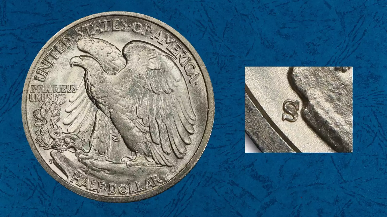 Close-up of the 1944-S Walking Liberty half dollar showing the repunched S mintmark with visible secondary S impression of the FS-501/502 RPM variety