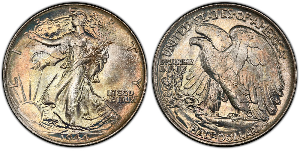 Grading strip showing four 1944 Walking Liberty half dollars from worn Good condition through Fine, Almost Uncirculated, and Gem Mint State MS65